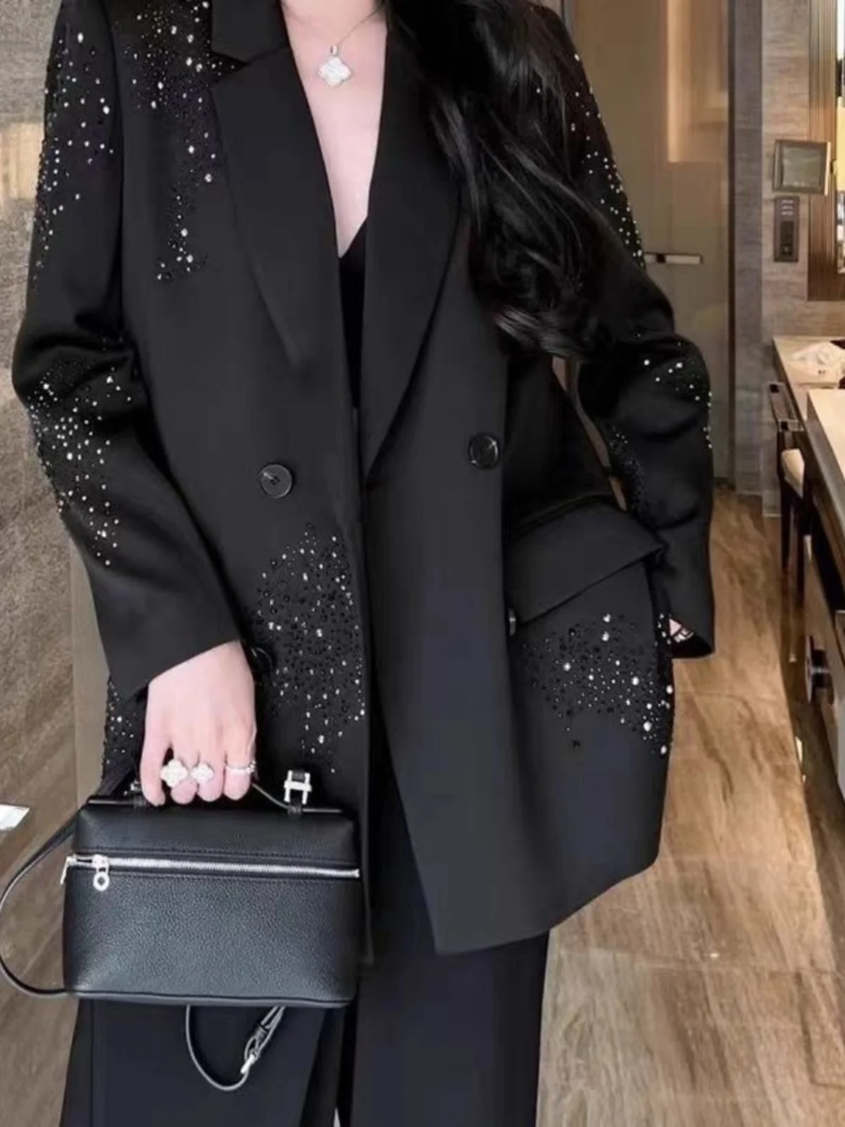 

Women's Double-breasted Suit Jaet Heavyweight Pure Color Spring Autumn New Sle Faionable Top Quali Outerwear Coat