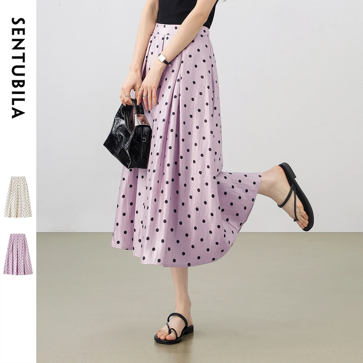 

SENTUBILA Polka Dot Women Long Skirt 2025 French Style A-Line Elegant High Waist Pleated Skirts Leisure Vacation Skirt 152QG0009
