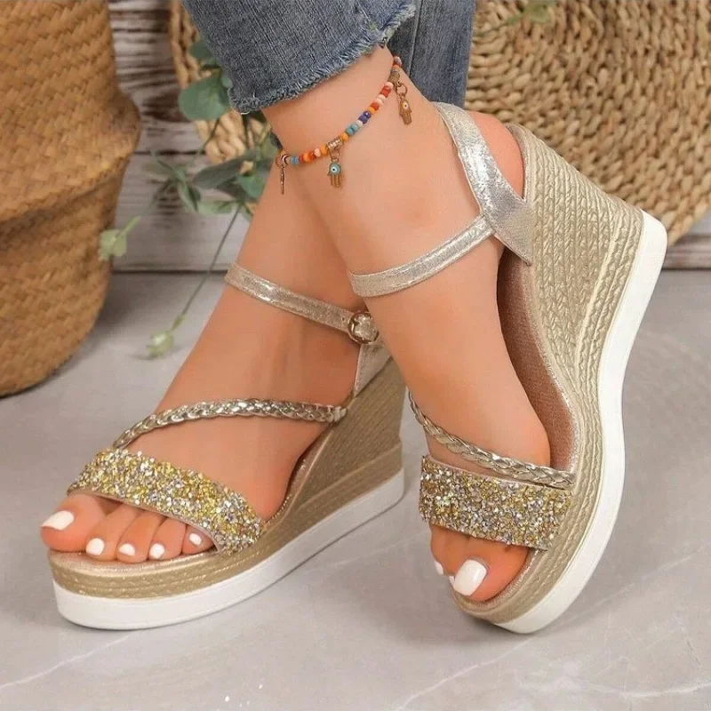 

Women Platform Sandals New Summer Fashion Wedge Sandals Pearl Rhinestone Casual High Heels Shoes for Women Sandalias De Mujer