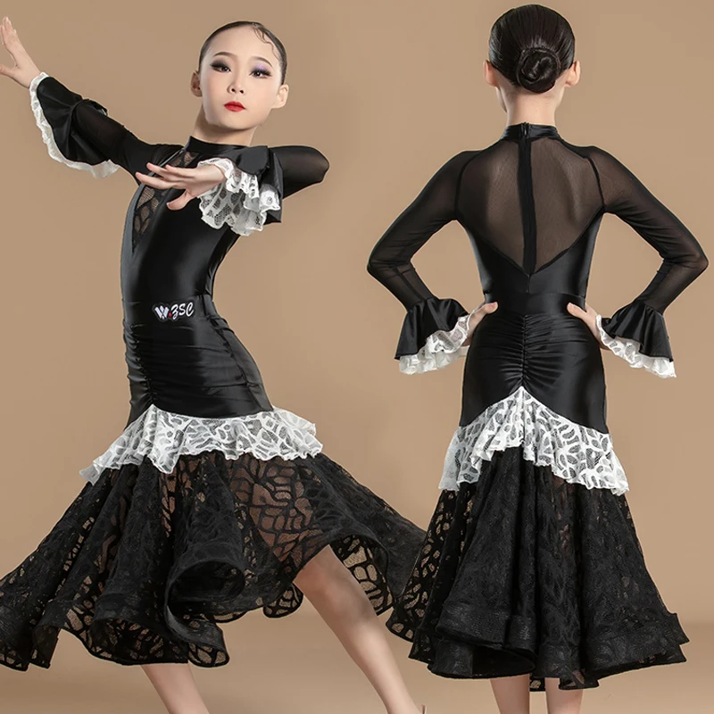 

Waltz Ballroom Dance Dresses Girls Black Long Sleeves Latin Dance Professional Dress Kids Performance Practice Wear XS7847