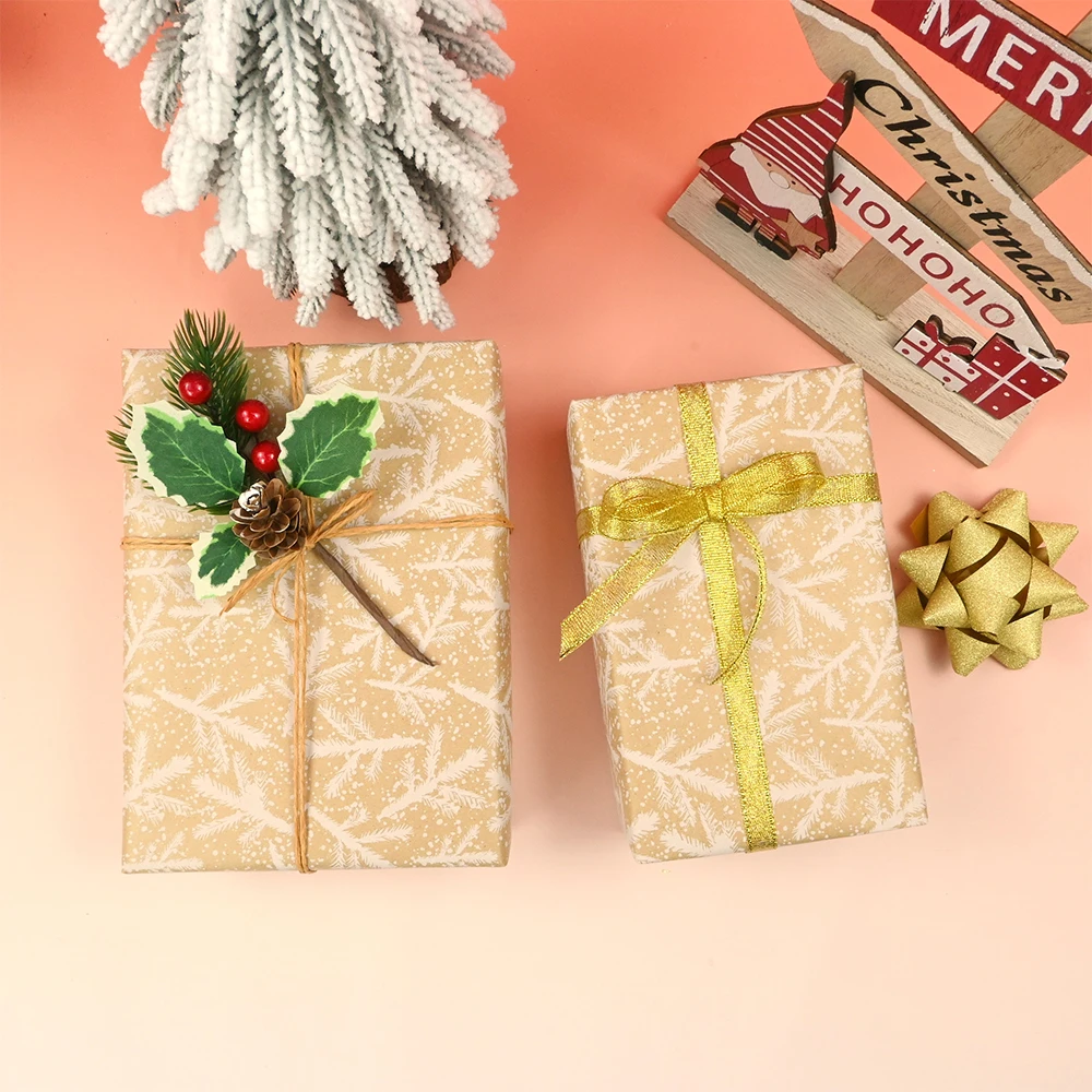 1 Roll Christmas Wrapping Paper Roll, Vintage Kraft Wrapping Paper, 17 Inch x 49 Feet, White Pine Branches Design Gift Wrapping