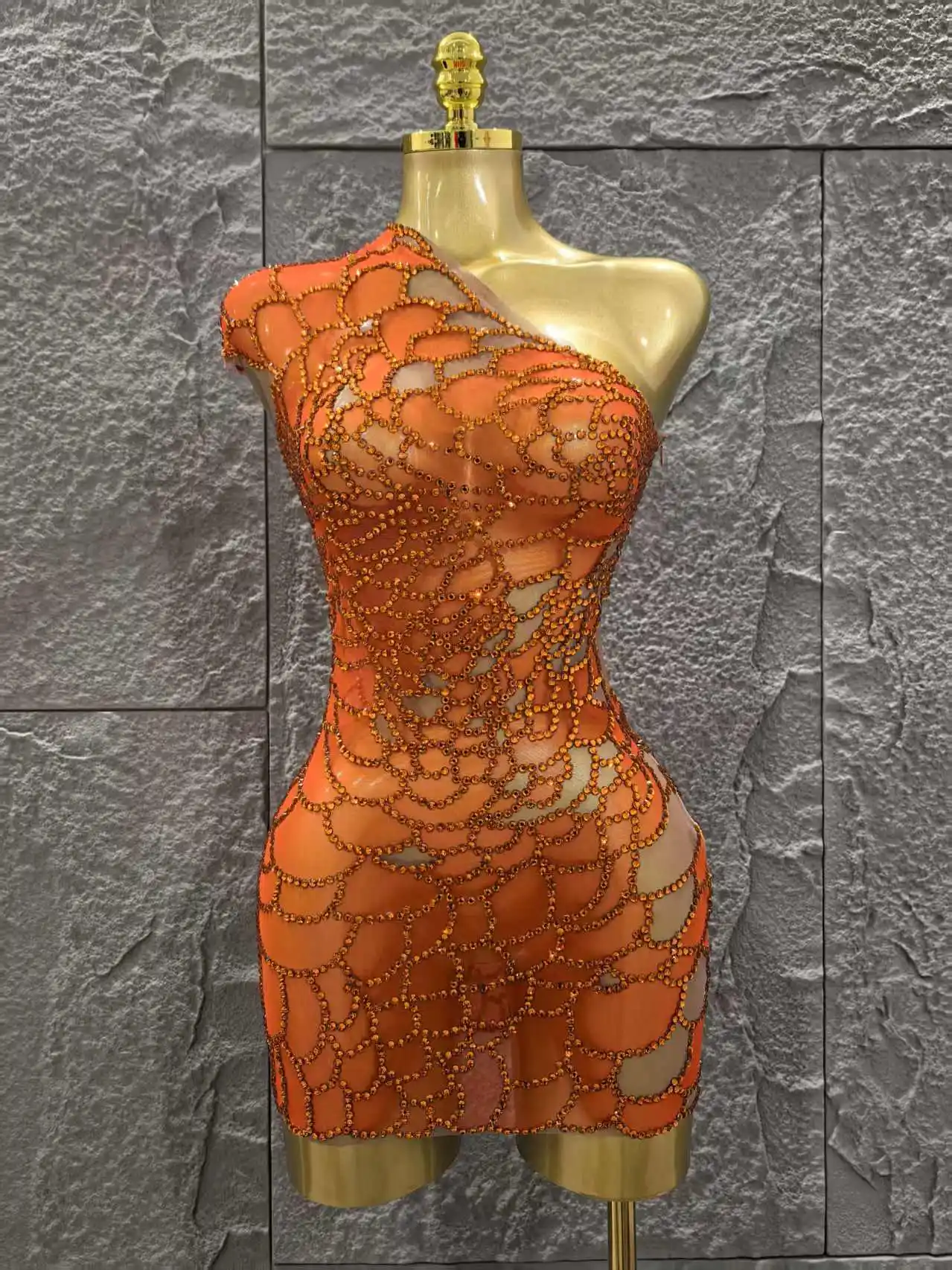 

Orange Color Women Sexy One Shoulder Shinning Rhinestones Bodycon Mini Dress Mesh See Through Celebrate Nightclub Party Wear