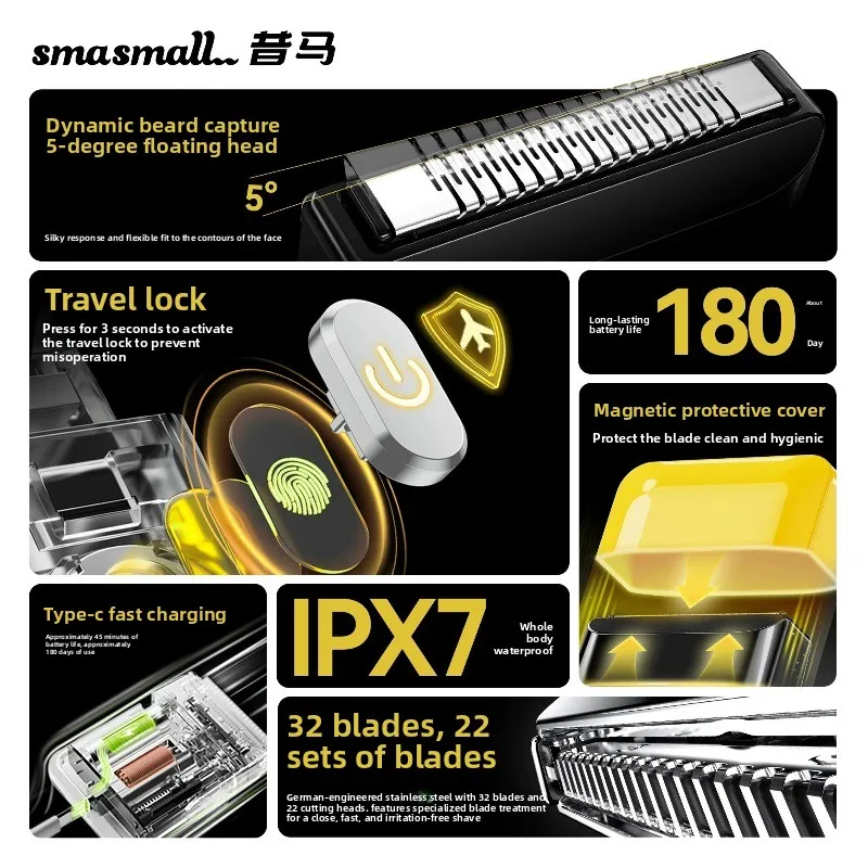 For SMASMALL NANO Portable Reciprocating Electric Shaver IPX7 Waterproof Mini Travel Razor