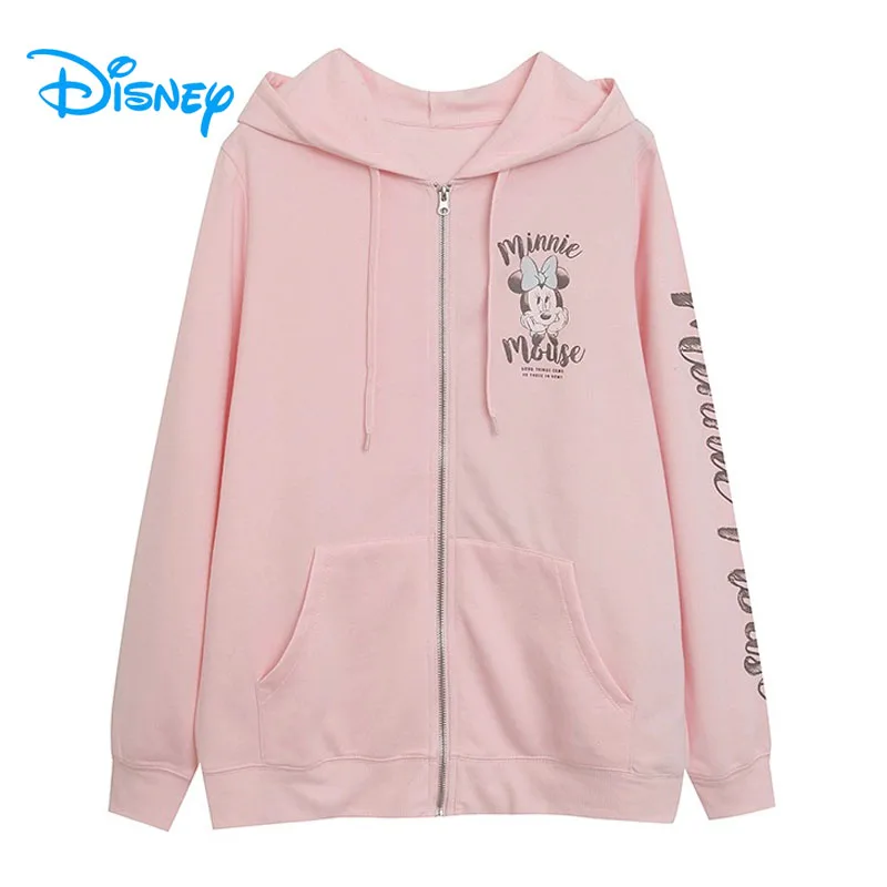 Disney Minnie Mouse Fleece Hooded Sweatshirt Women Casual Loose Zip Up Hoodies Jacket Cute Cartoon Jumper Tops Pants Femme Pink