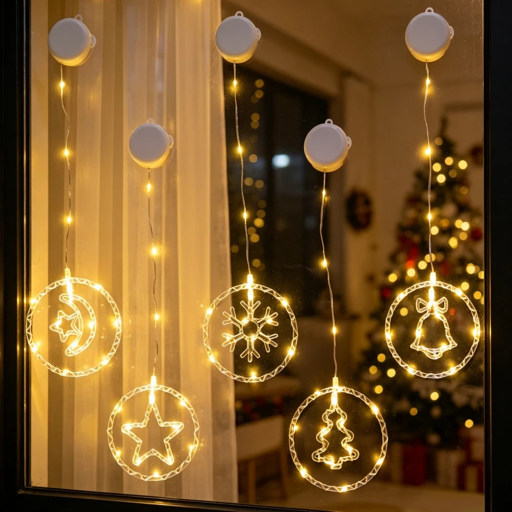 1/2PC LED Christmas Ring Window Light With Suction Cup, Battery Powered Fairy String, Indoor Party Wedding Garden Decoration