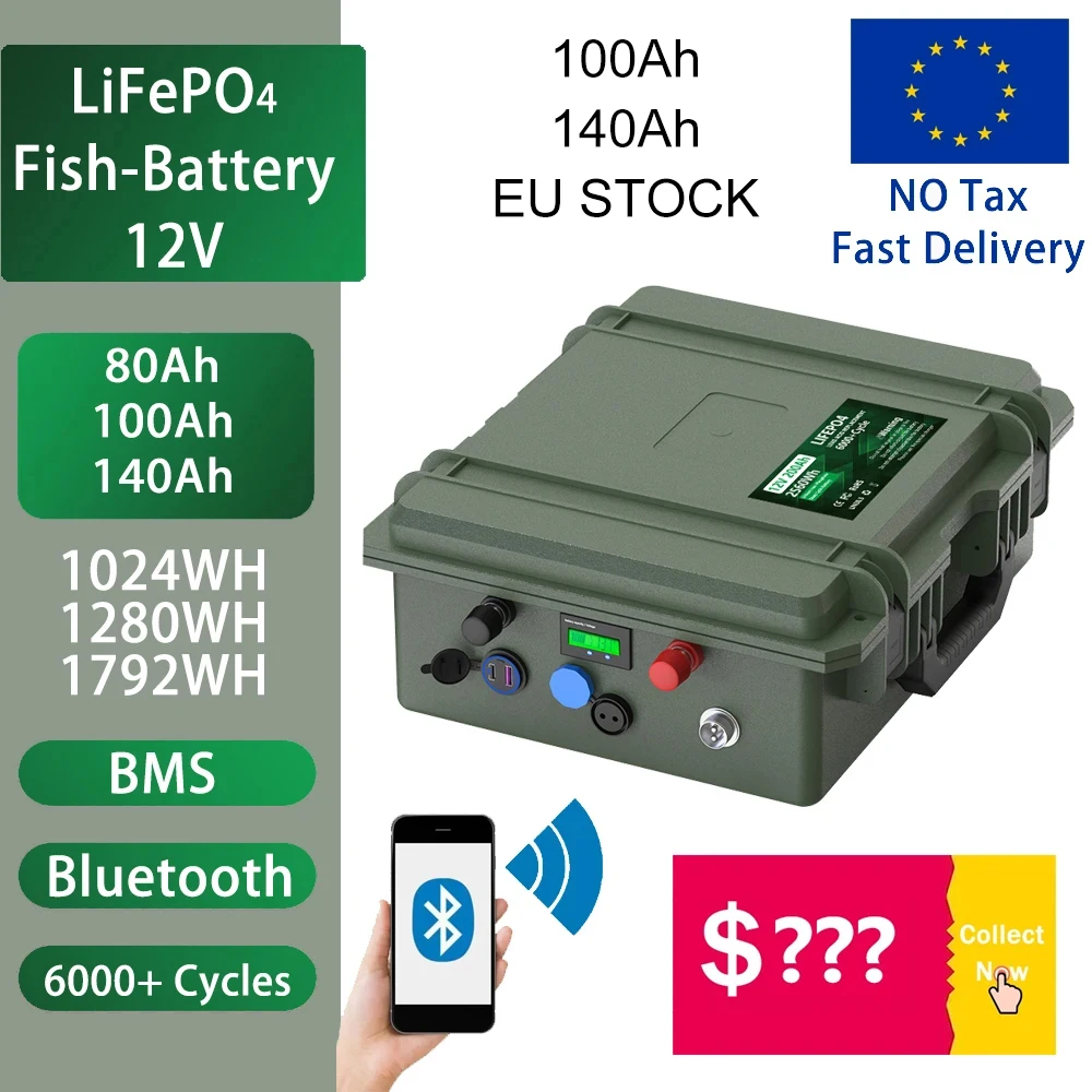 LiFePO4 12V 100Ah Battery 1.8Kwh Bluetooth BMS 12.8V 80Ah 140Ah 6000+ Cycles Waterproof Lithium Cells For Fishing Boats No Tax