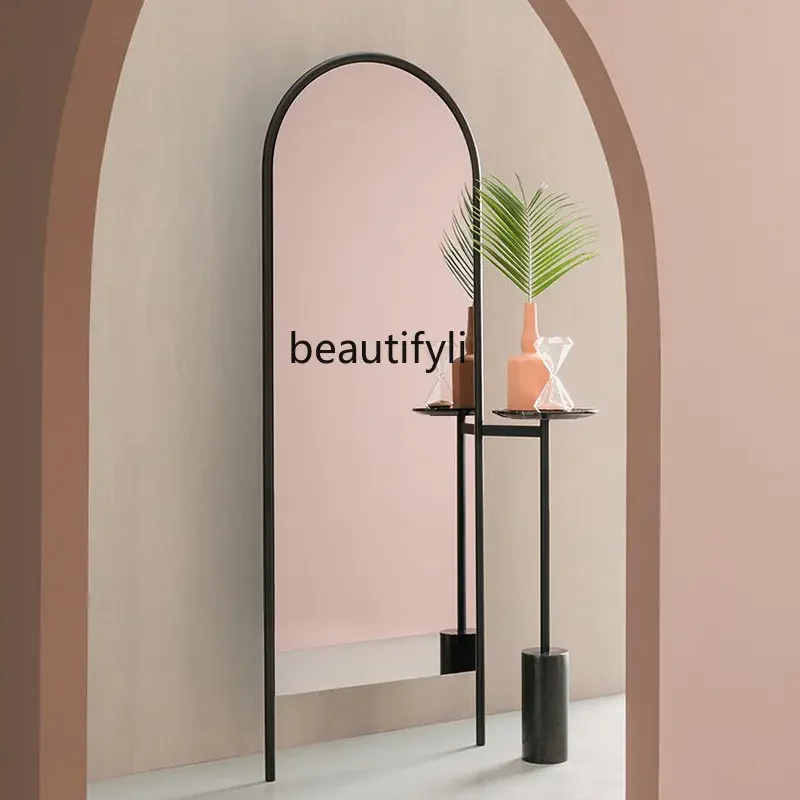 

zzqEuropean-Style Stainless Steel Arch Bathroom Mirror Small Apartment Living Room Floor Dressing Mirror Art Marble Mirror