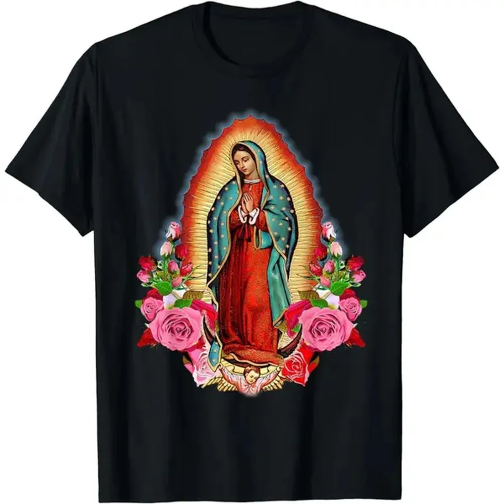 [100% Cotton] [100% Cotton] Divine Our Lady Of Guadalupe T-Shirt With Radiant Floral Halo. T-Shirt For Men And Women