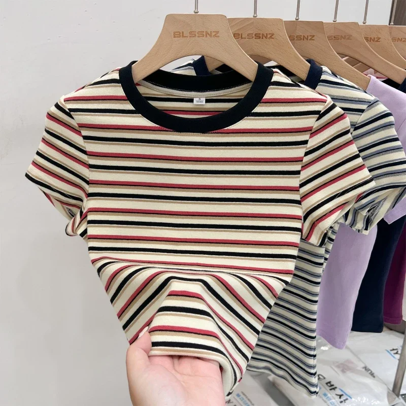

Zjaiss 2025 Summer Sexy Tops Slim Fit Short Sleeve T-Shirt Women's Fashion Korean Style O-Neck Color Block Striped Top