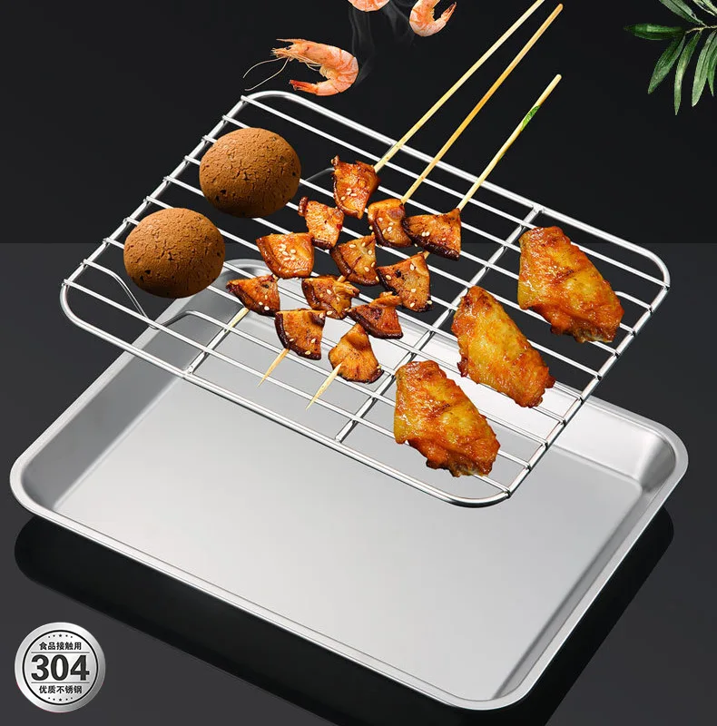 Thickened 304 Stainless Steel Food Serving Tray Buffet Presentation Trays Drain Rack Grease Trap Baking Plates Kitchen Organizer