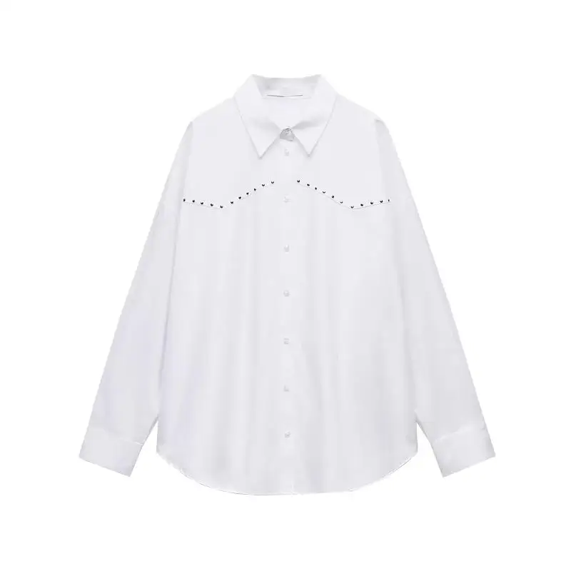 Printemps nouveauté femmes coupe ample longue col Sve irt Punk Sle Rivet décoré en mousseline de soie matériel trajet Sle