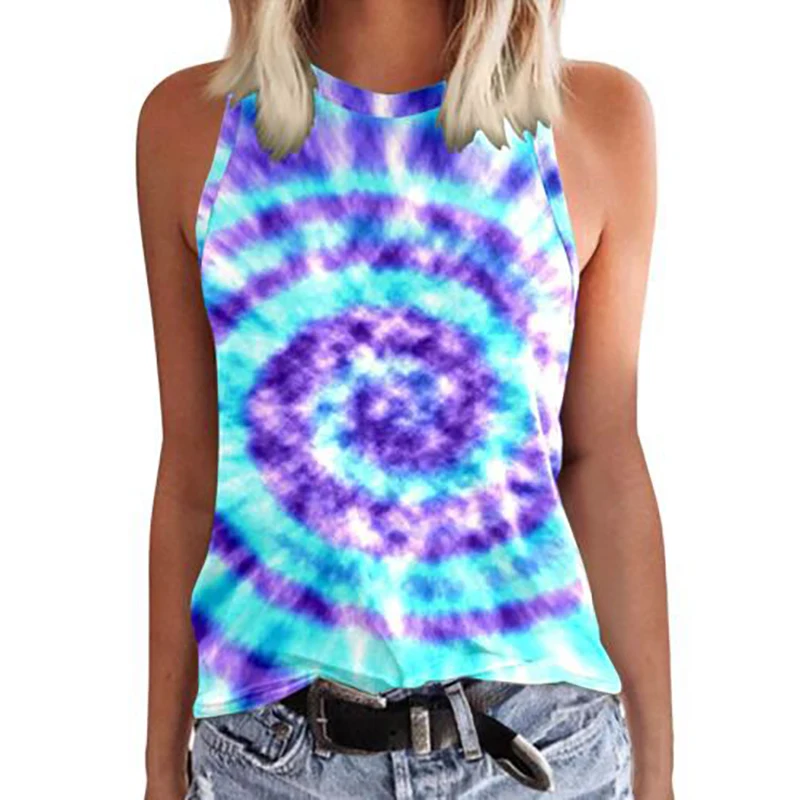 Fashion Tie Dye 3D Print Tank Top Summer Women Streetwear Y2k Tops Oversized O-Neck Vest Off Shoulder Sleeveless Woman Camisole