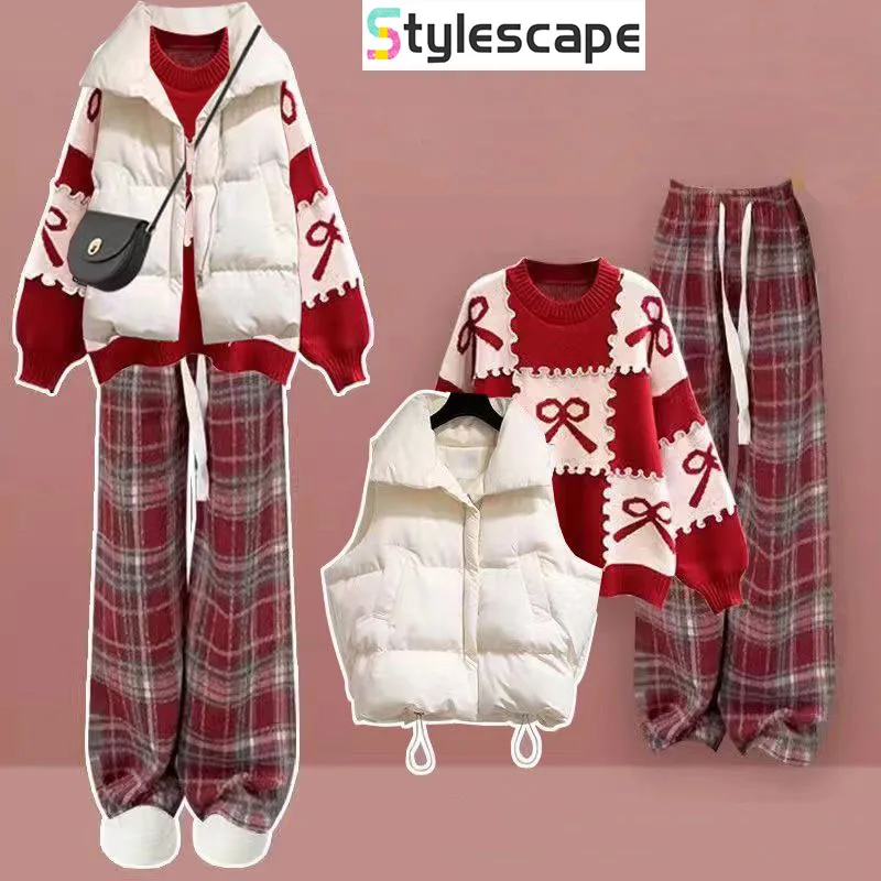 

2024 Winter Set Female Student Korean New Year Red Sweater+Vest Cotton Coat with Fleece Checkered Pants 3-Piece Set