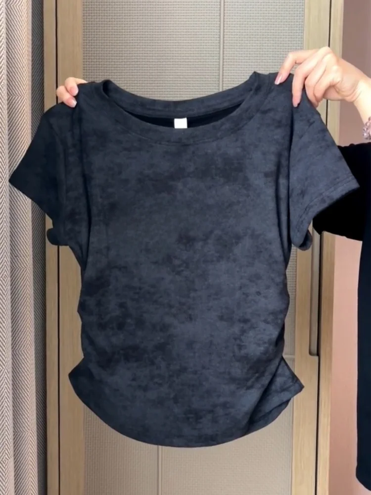 

Женская футболка больших размеров с эффектом тай-дай, плиссированная, с коротким рукавом, летняя, с вышивкой букв, в американском стиле, утягивающая, модная, укороченная.