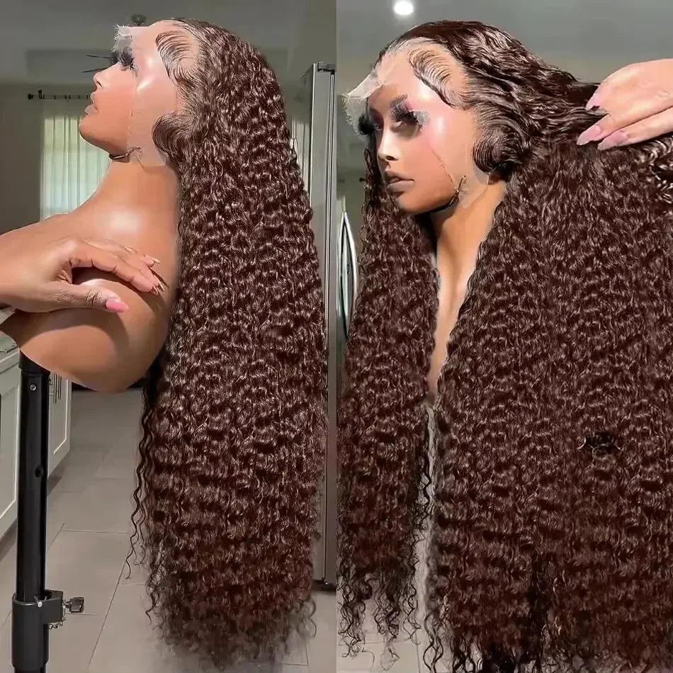 

Парик из натуральных волос Deep Curly, шоколадно-коричневый, 13x4 HD, с кружевной передней частью, цветной, с эффектом водной волны, для женщин, 30-34 дюйма