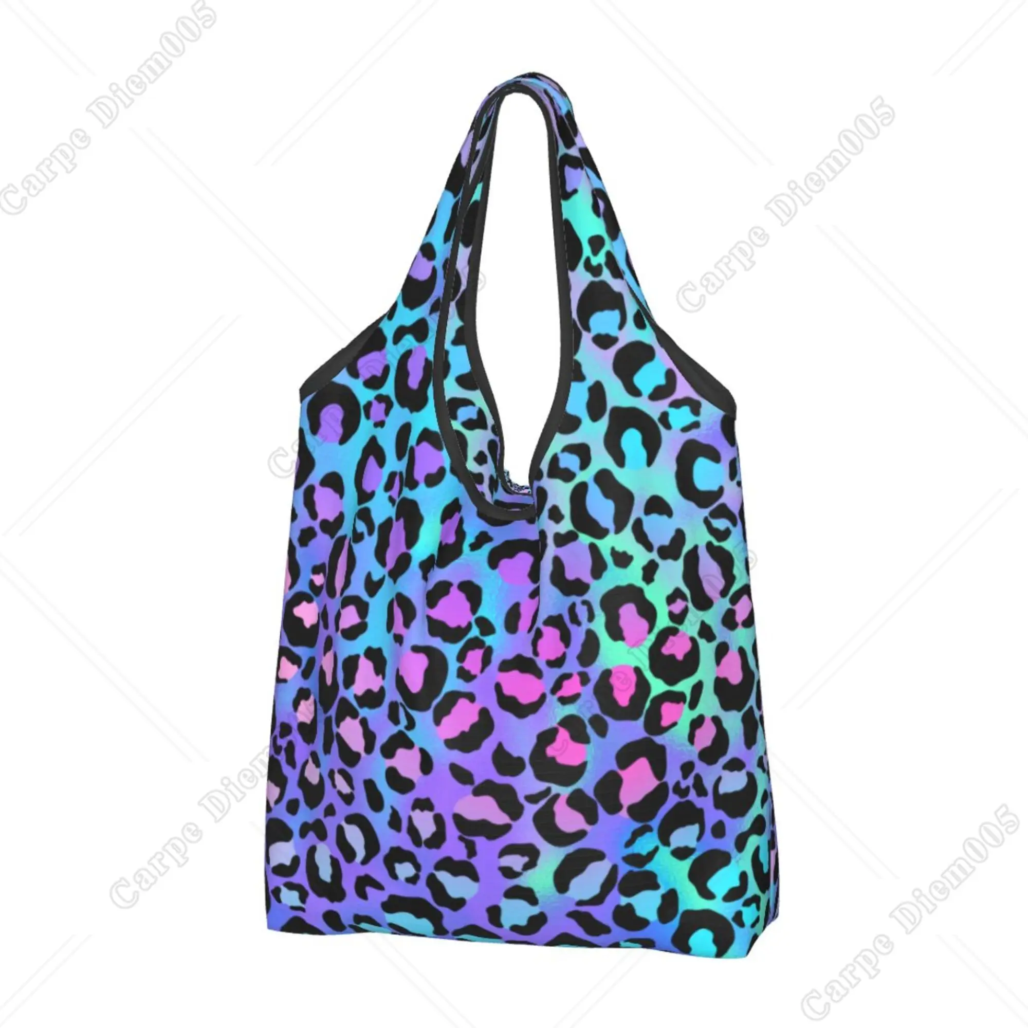 Colorful Leopard Print Folding Shopper Bag Portable Tote Bag Recyclable Grocery Bags for Men Women Outdoor One Size