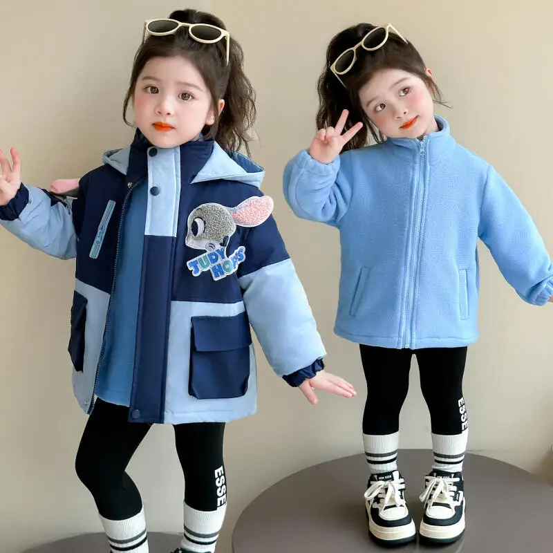 

Утепленная куртка для девочек в стиле аниме «Дисней Джуди Хоппс», пальто, осень-зима, теплая модная плюшевая хлопковая одежда «3 в одном» с рисунком кролика