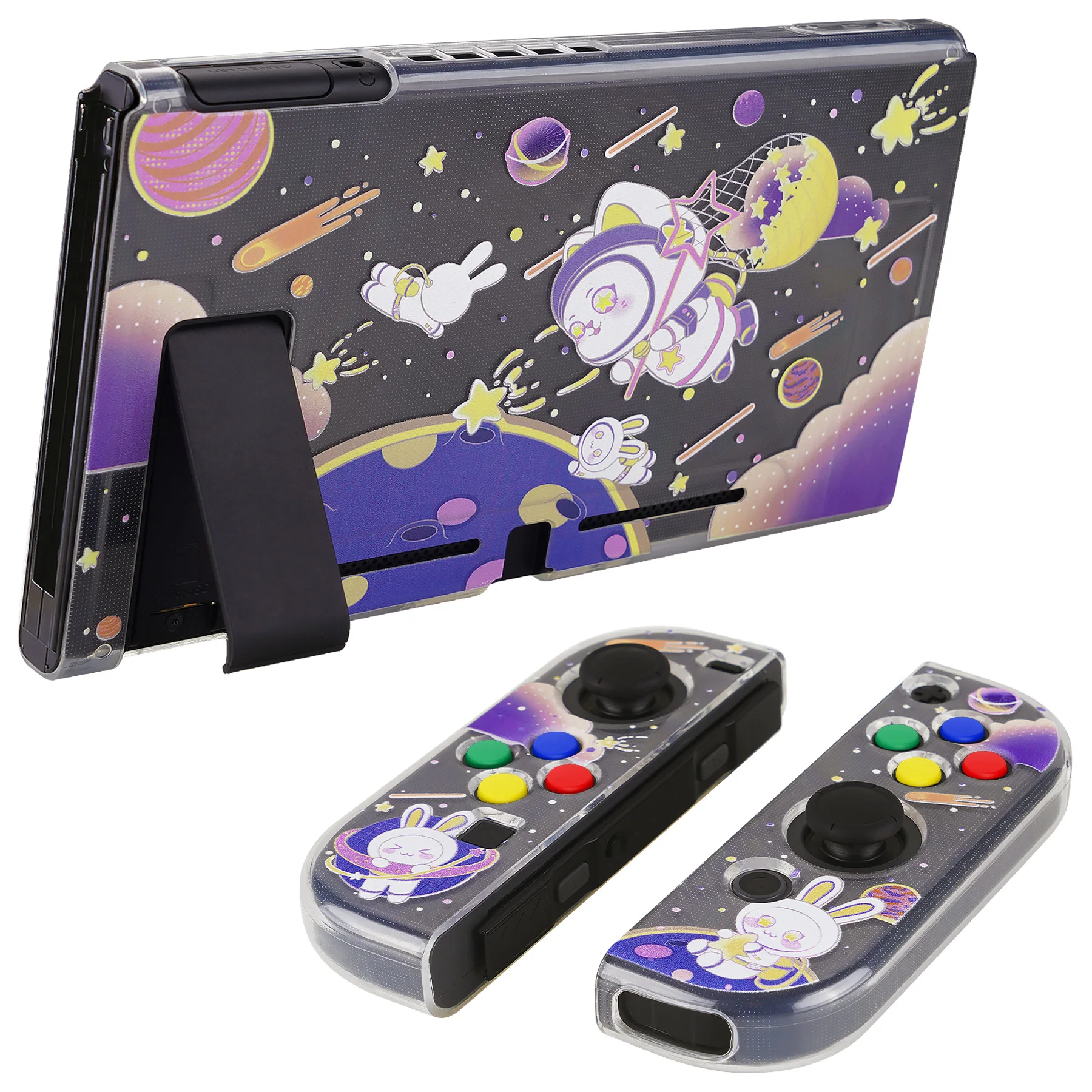 PlayVital Transparent Soft TPU Slim Protective Shell for Nintendo Switch with ABXY Direction Button Caps - Space Cat Adventure image 6