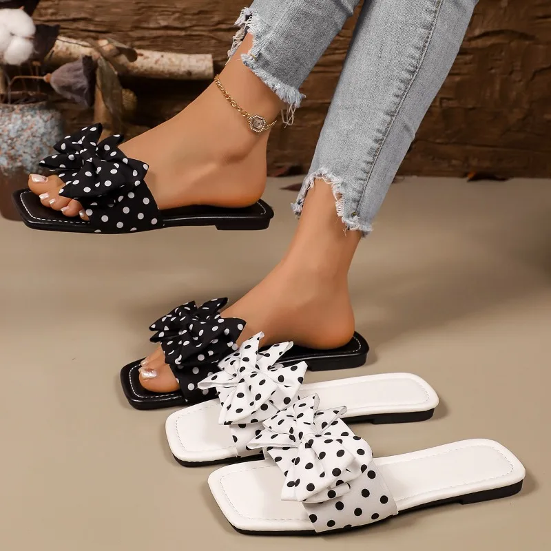 Summer New Bow Decor Square Headed Women's Slippers Fashionable Solid Polka Dot Comfortable Casual Women Shoes  