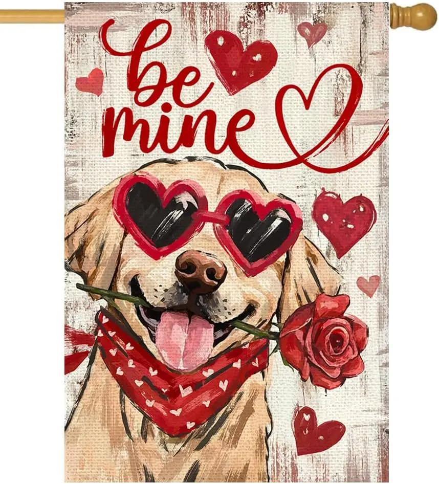 ARGOOFG Valentines Day House Flag 28x40 Inch Double Sided Outside Small, Be Mine Golden Retriever Love Hearts Holiday Yard P WZZ