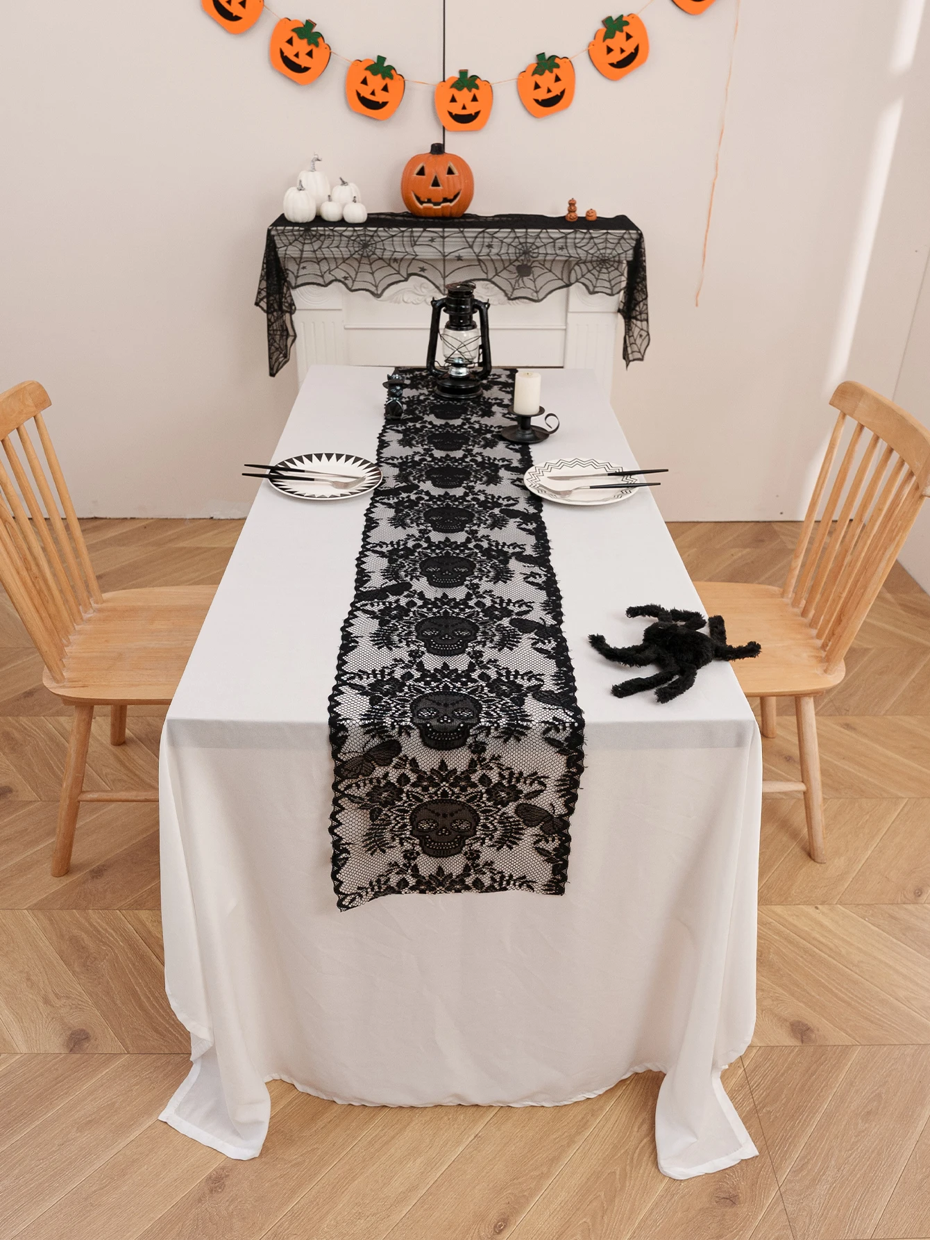 Halloween Skeleton Lace Table Runner for Living Room Kitchen Dining Table Terror Atmosphere Festival Dark Decorations