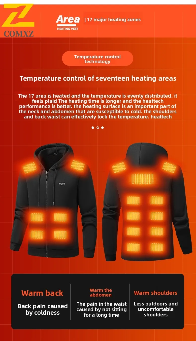 17 منطقة التدفئة هوديي 2025 جديد الرجال مقنعين هوديي الصوف سميكة مكافحة الباردة الدافئة USB التدفئة هوديي الرياضة في الهواء الطلق التخييم سترة