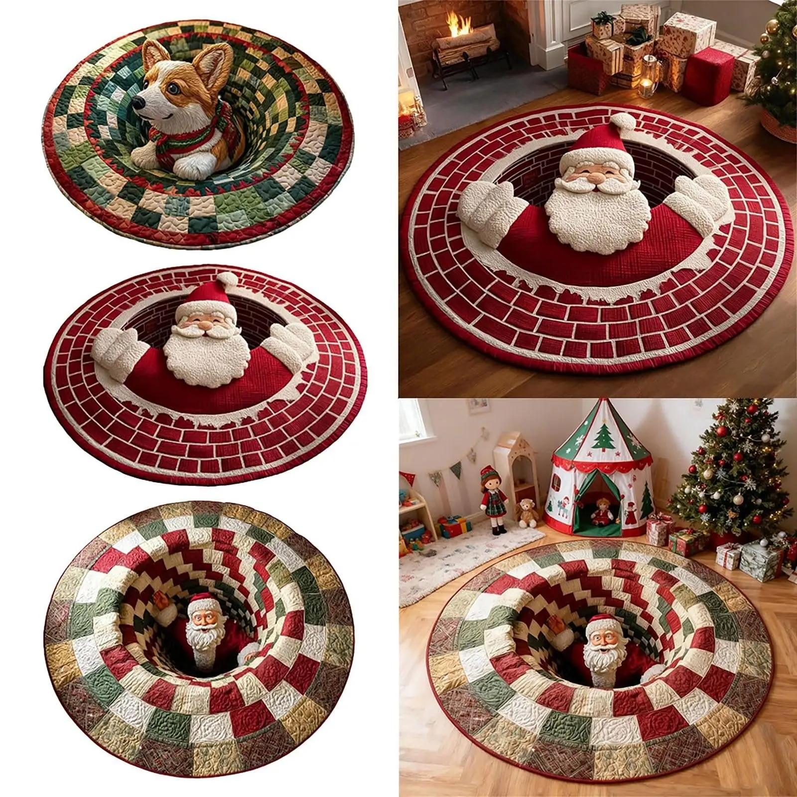 Christmas Carpet Rug Non-Slip Xmas Optical Illusion Rug 3d Christmas Round Rug Washable For Entryway Bedroom Christmas