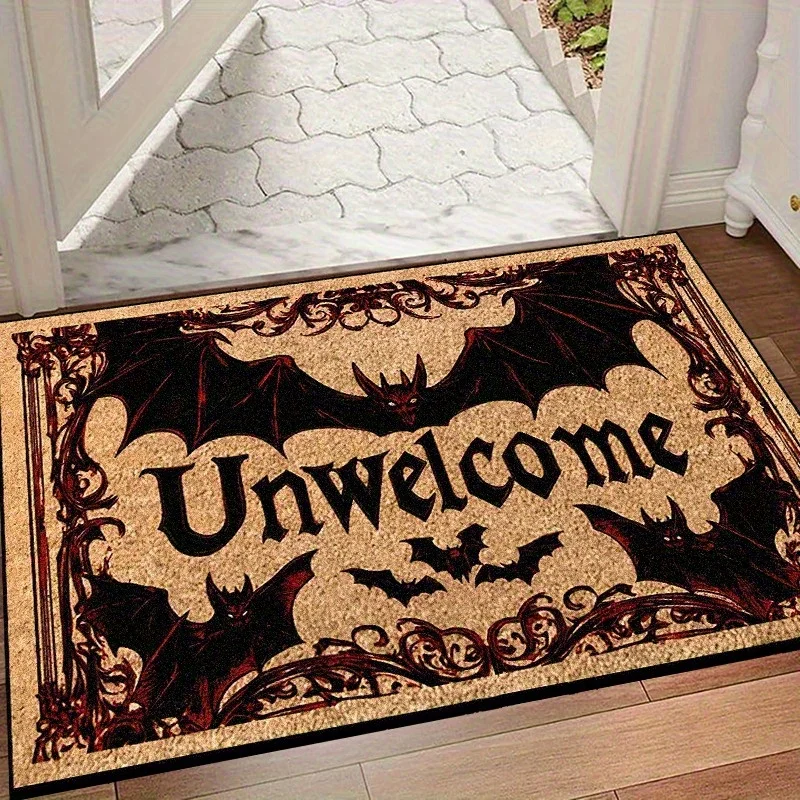 Unwelcome Slogan Doormat Gothic Bat Coir Texture Area Rugs Living Room Vampire Frame Carpet Holiday Entrance Floor Mat