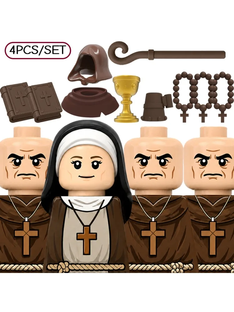 Mittelalterlicher Mönch, Nonne, Religiöser Klerus, Charakter-Bausteine, Soldaten-Robe, Kapuze, Kreuz, Buch, Rosenkranz, Kelch, Zubehör, Bausteine, Spielzeug