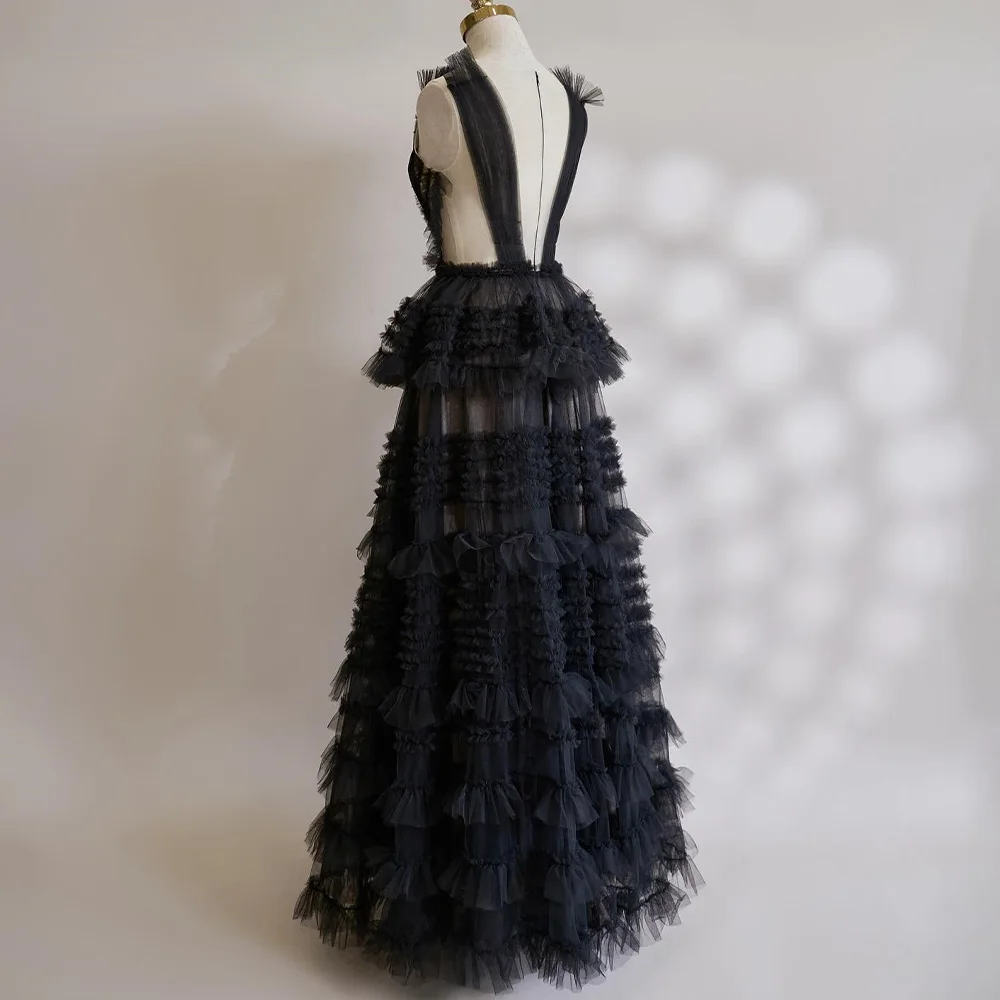 A-Line V-Neck Organza Sleeveless Black Temperament and Fashion Evening Dresses Sequined Pleats Crystal Tiered Saudi Arabia 2024