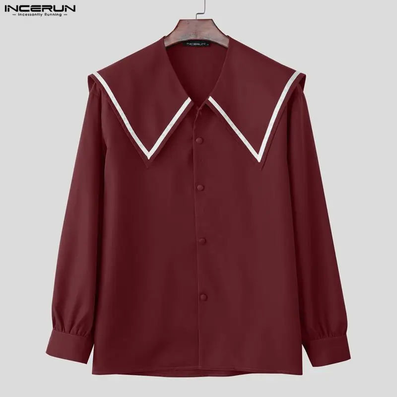 

Мужская рубашка INCERUN, лоскутная, с темно-синим воротником, с длинным рукавом, мужские топы, уличная одежда, свободные рубашки в корейском стиле, модная повседневная мужская одежда