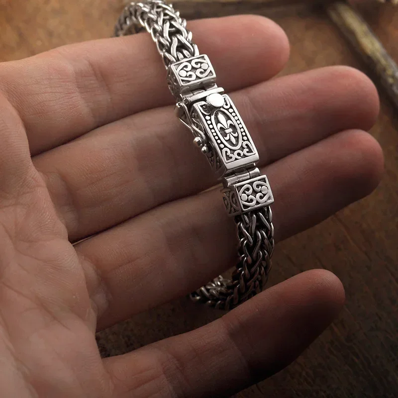 Silver Vintage Bangles Dragon Bone Chain Weaving Bracelet for Women and Men Double‑Chains Buckle Banquet Jewelry