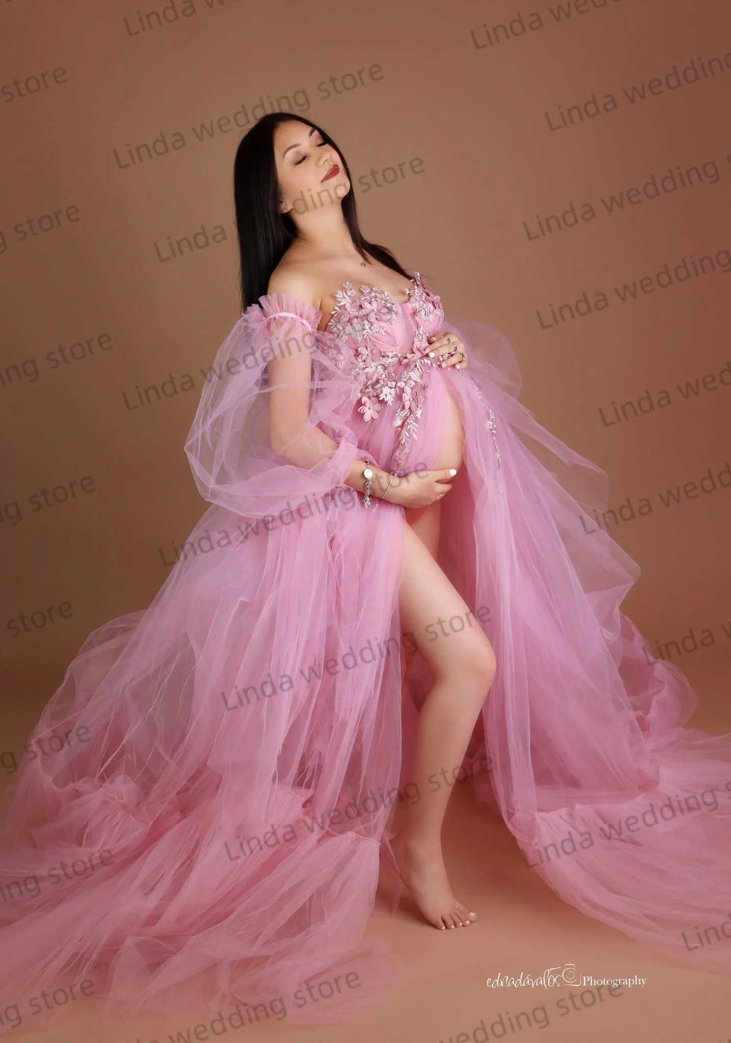 Pink Maternity Prom Dress Robe Pregnant Lace  Appliques Pajams Sexy Sleepwear Bathrobe Photoshot Fluffy Tiered Party Gowns