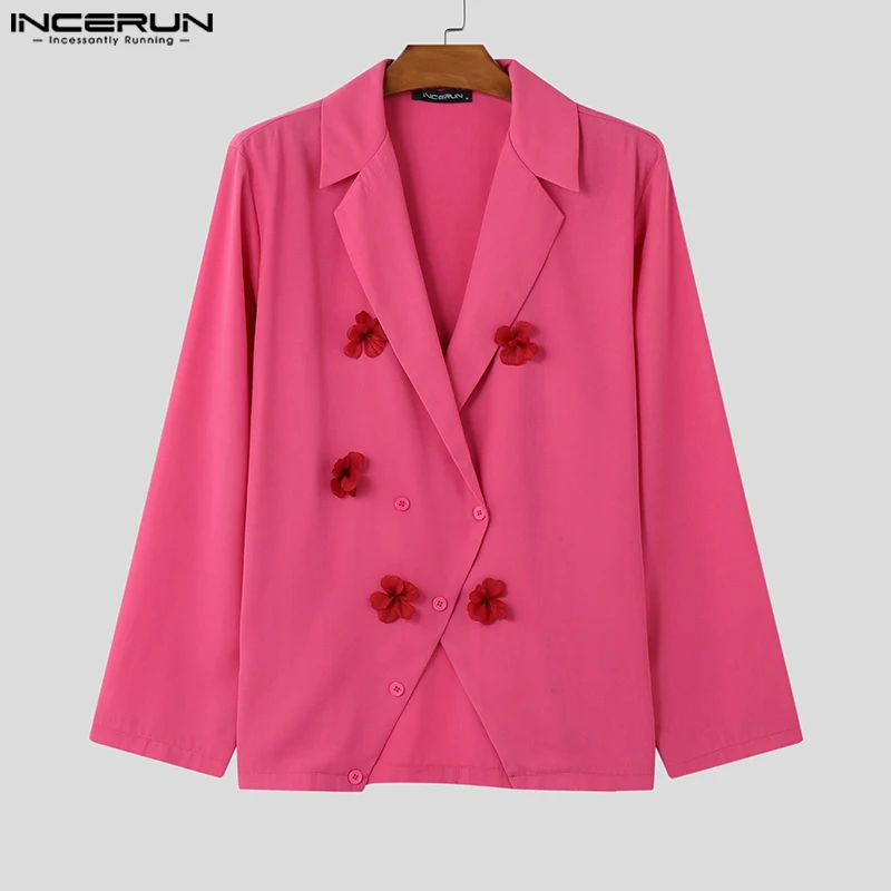 Fashion Casual Style Tops INCERUN New Men Floral Decoration Design Solid Suit Coats Handsome Male Loose Long Sleeved Blazer 2024