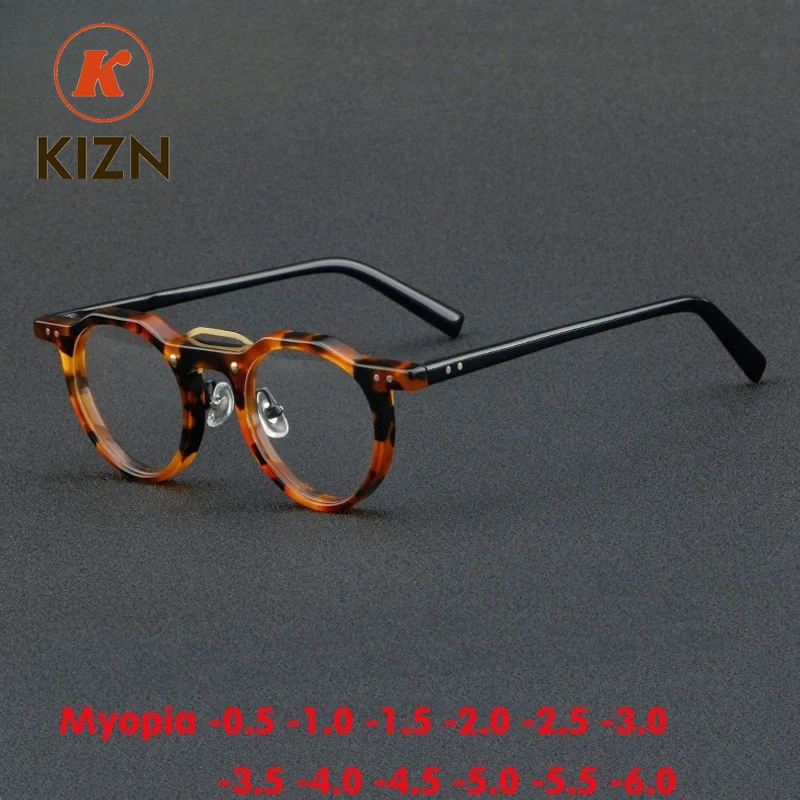 

KIZN винтажные круглые ацетатные очки для близорукости, оправа для мужчин, оптические очки по рецепту, женские элитные брендовые очки от -0,5 до -6