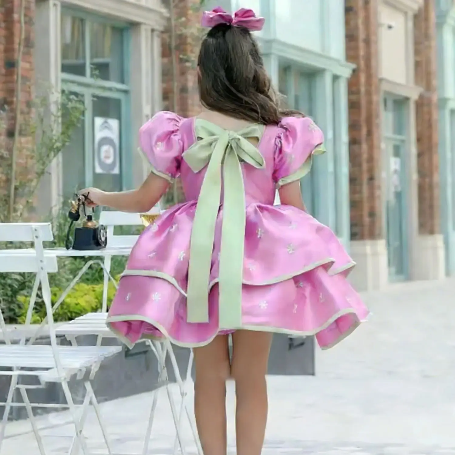 Customized Pink Flower Girl Dress for Wedding Short Sleeve High Waist Knee Length Elegant Kids Birthday First Communion Gown