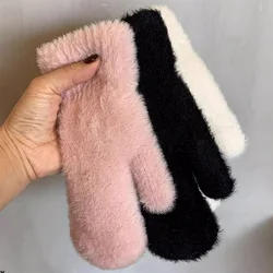 Winter Women Wool Cashmere Knitted Gloves Warm Mitten Winter Plus Velvet Thicken Double Layer Plush Full Finger Driving Gloves