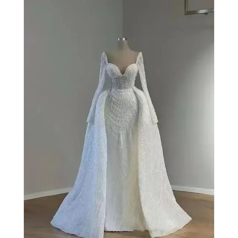 

Customized White Mermaid Wedding Dresses With Detachable Train Long Sleeves Pearls Wedding Gowns Vestido Blanco Brides Dresses