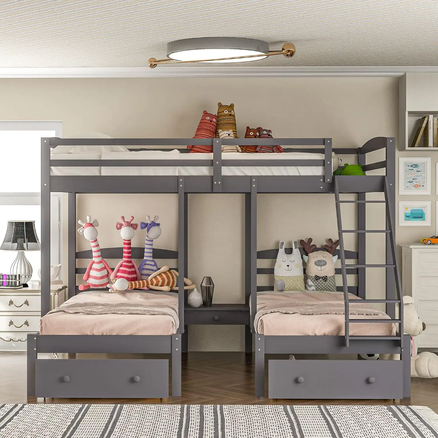 

Full over Twin & Twin Bunk Bed,Triple Bunk Bed Frame for Boys Girls Kids Adults Toddler with Drawers, Gray