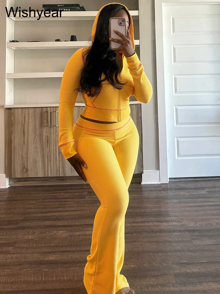 Fashion Yellow Long Sleeve Hooded Crop Jacket Top and Jogger Flare Pants Two 2 Piece Set Women Sweatsuit Tracksuit Matching Suit