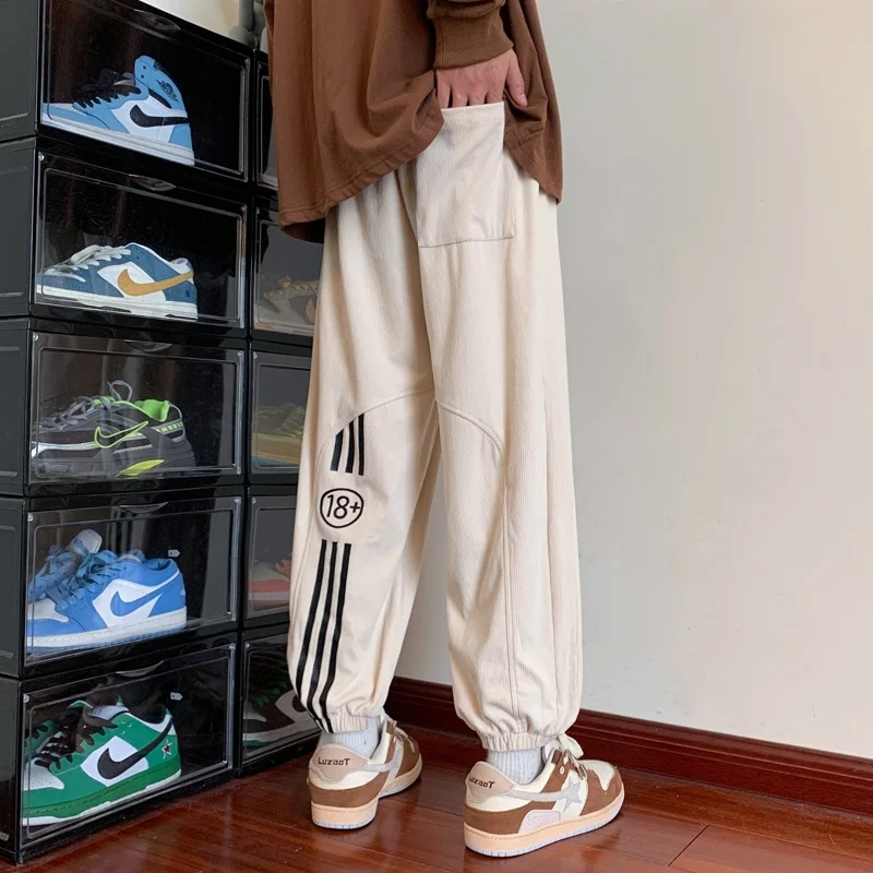 

Men's Corduroy Sports Pants American Retro Heavyweight Casual Trousers Spring Autumn Loose Fit Breathable Elastic Waist