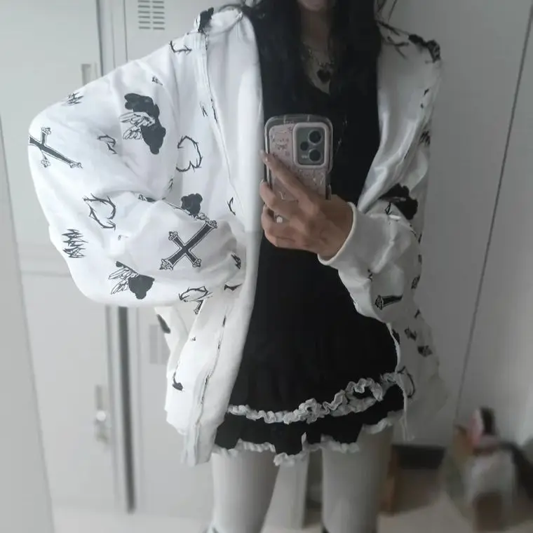 

Original Autumn Winter Cute Bunny Ears Hooded Jacket Subculture Cross Printed Zip Loose Cardigans Coat Thicken Fleece Jackets