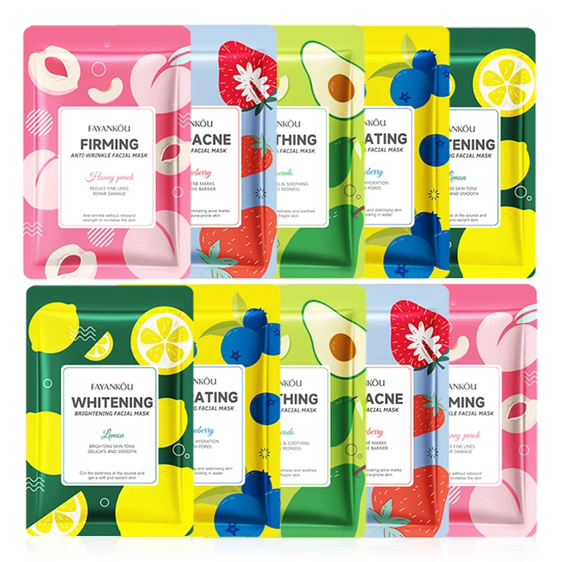 

10 шт. FAYANKOU Фруктовые маски для лица: увлажняющие, отбеливающие, омолаживающие тканевые маски для ухода за кожей лица