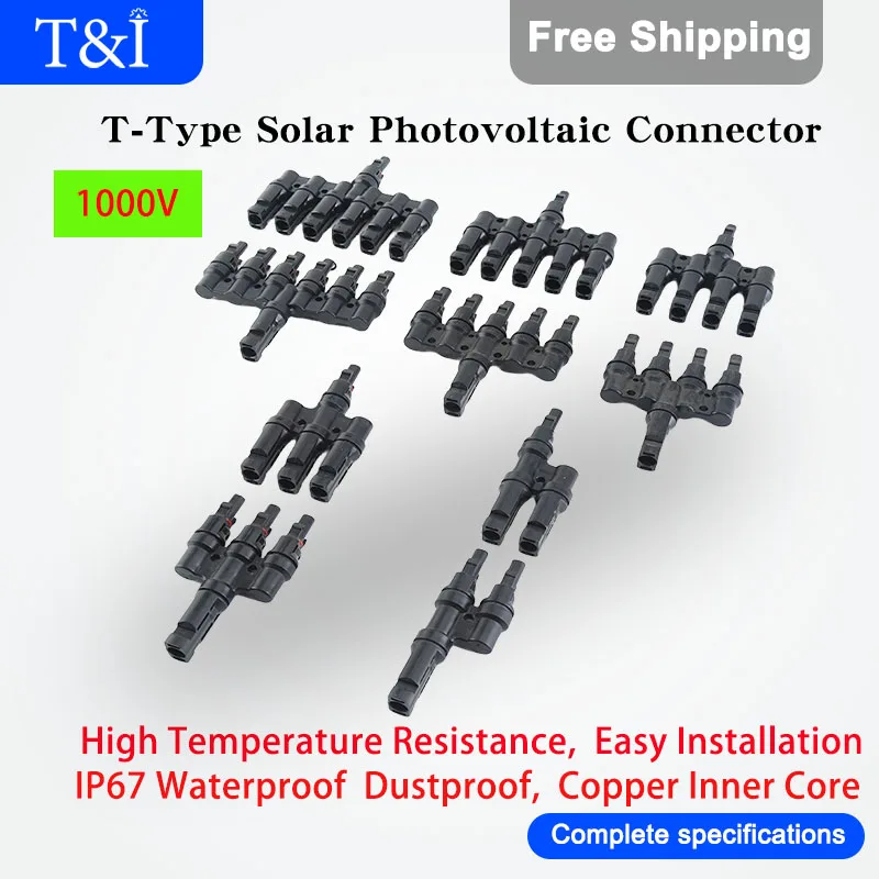 

1/5/20/100Sets T-Type Solar Photovoltaic Connector 3WAY/4WAY/5WAY/6WAY/7WAY IP67 Waterproof Male Female PV Connector Quick Plug