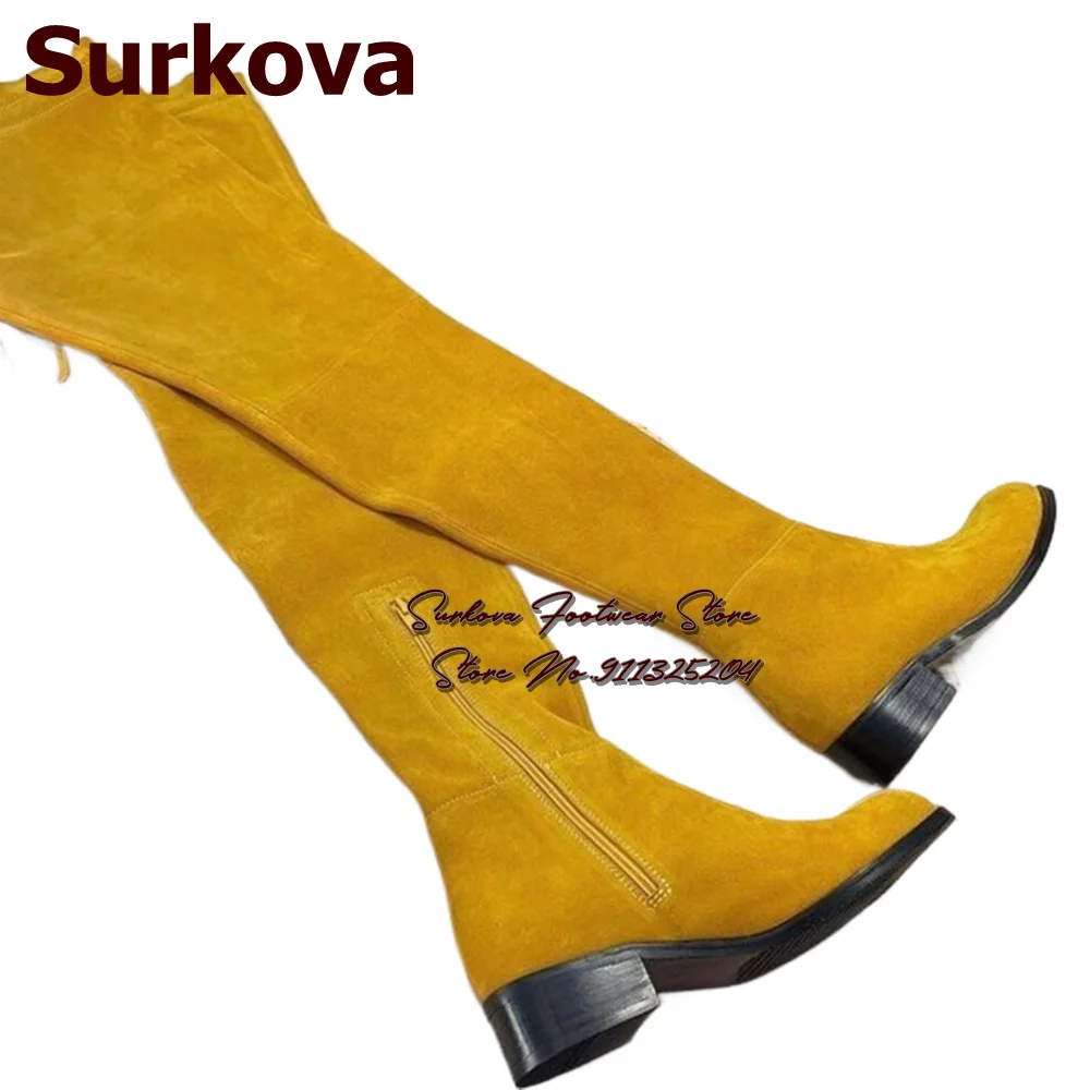 Surkova Mustard Yellow Suede Over The Knee Boots Women Gorgeous Low Heel Flat Thigh High Boots Zipped Dress Shoes Size46