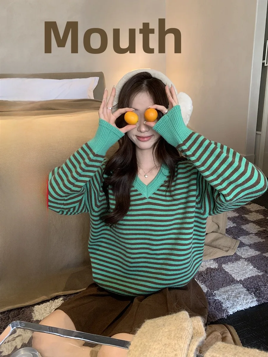 

Sinbounboun Dopane ярких цветов, свитер в полоску в стиле ретро с v-образным вырезом, однослойная трикотажная одежда для милых девочек, мягкая и удобная