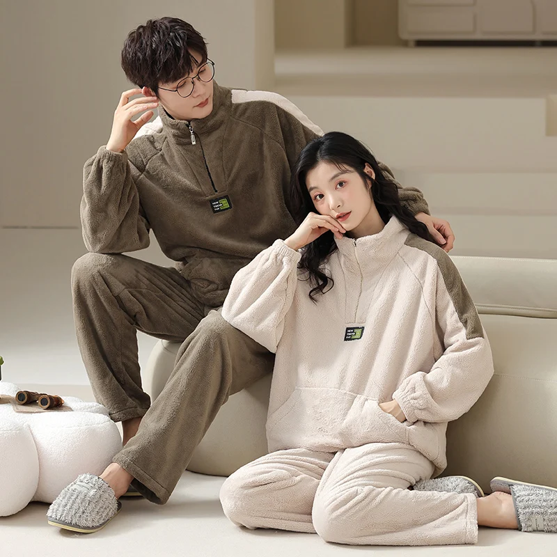 Winter warm velvet comfortable and skin friendly couple pajama cover with half zipper design coral velvet pajamas