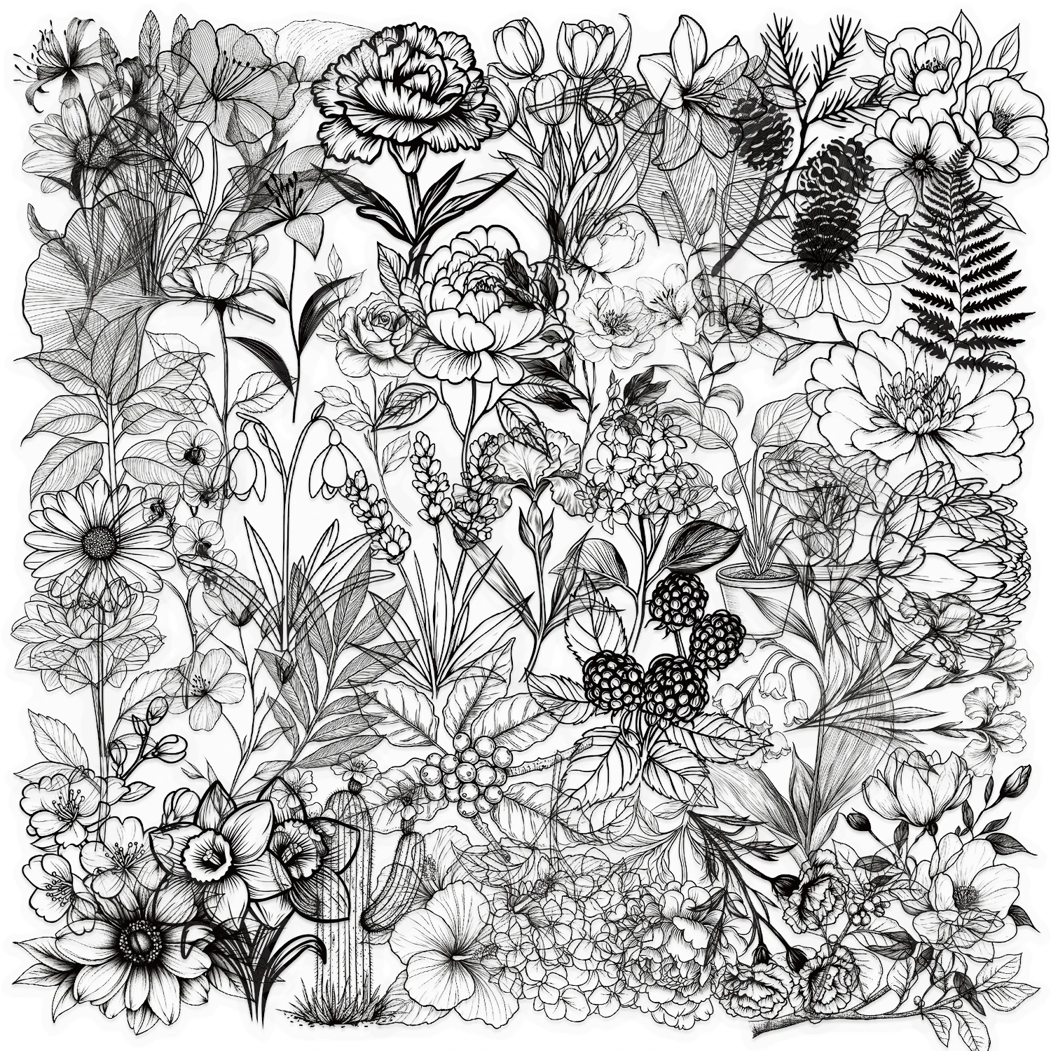 50PCS Black and White Vintage Retro Flower Plant Stickers Decals for Laptop Scrapbooking Journal Planner Card PET Material