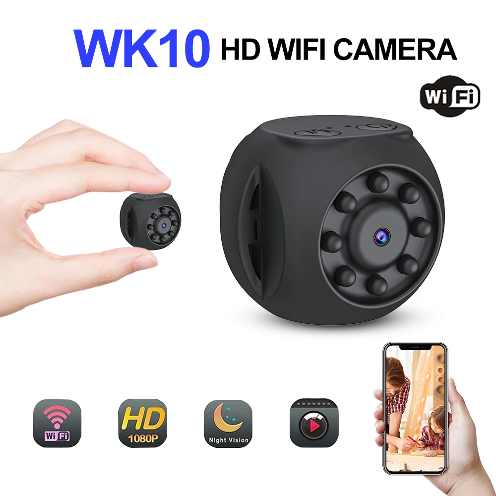 WK10 Mini Câmera WiFi com Visão Noturna Infravermelha, Grande Angular, Tamanho Pequeno, Ampla Faixa de Aplicação, 1080P, 90 ° HD