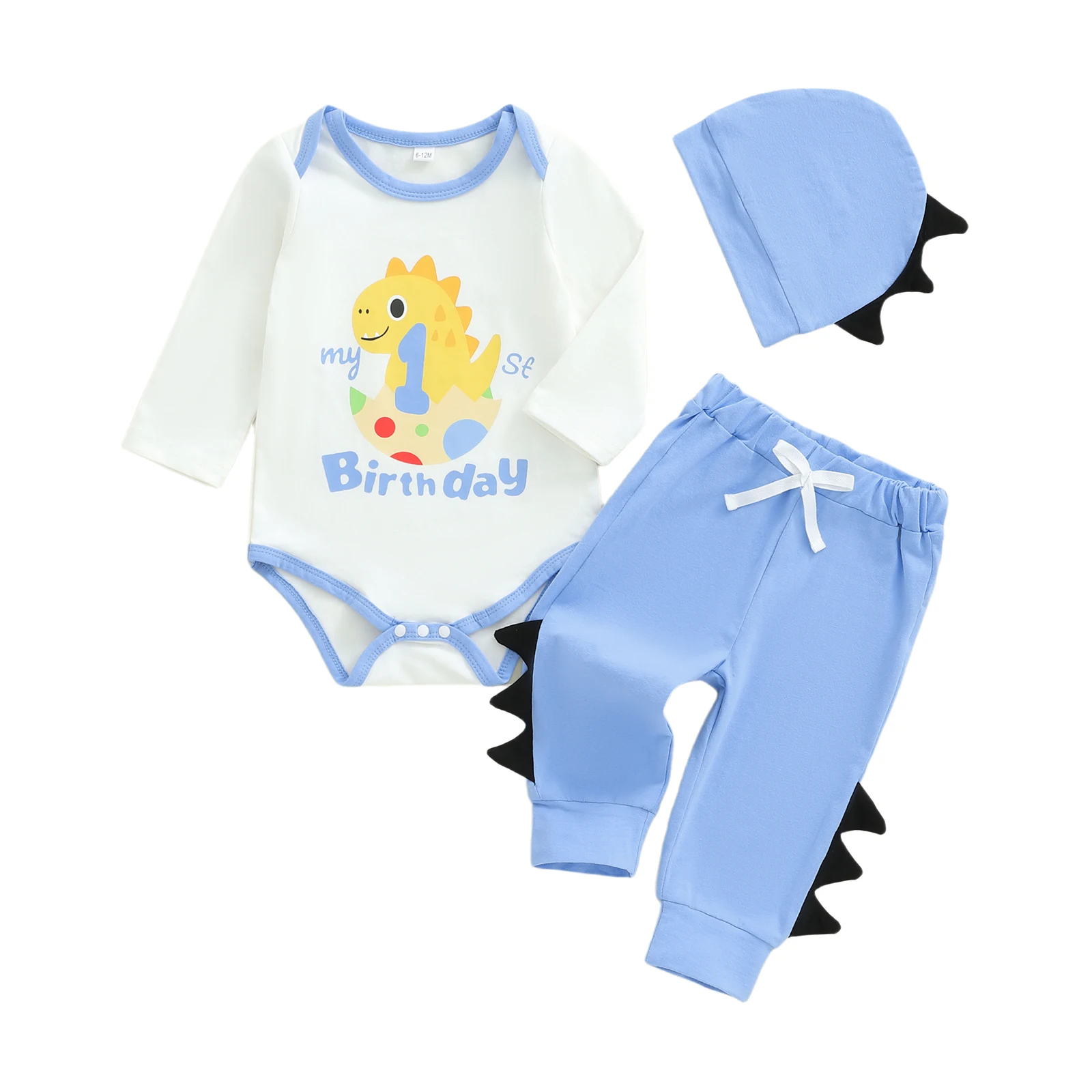 

Baby Boy Fall Clothes Letter Dinosaur Print Long Sleeve Romper Long Pants and Hat 3Pcs Birthday Outfit